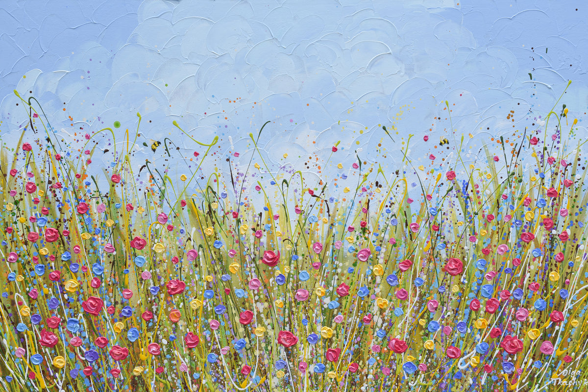 Colorful Flower Meadow, original painting on canvas, textured