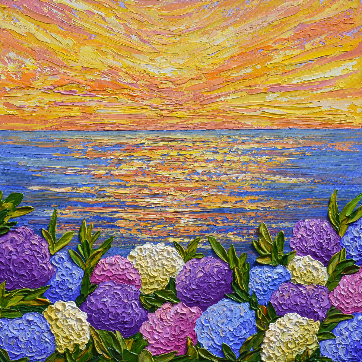 Hydrangeas at Sunset, Original Painting, Acrylics on Canvas, 24