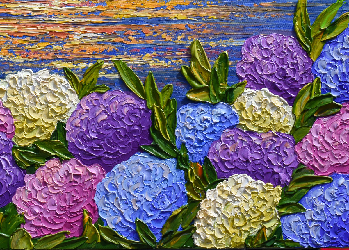 Hydrangeas at Sunset, Original Painting, Acrylics on Canvas, 24