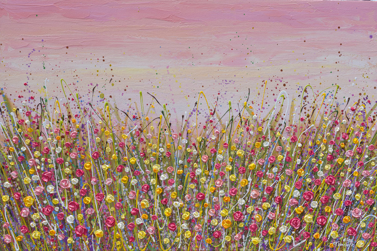 Pink Sky Flower Field, Acrylics on Canvas, 24