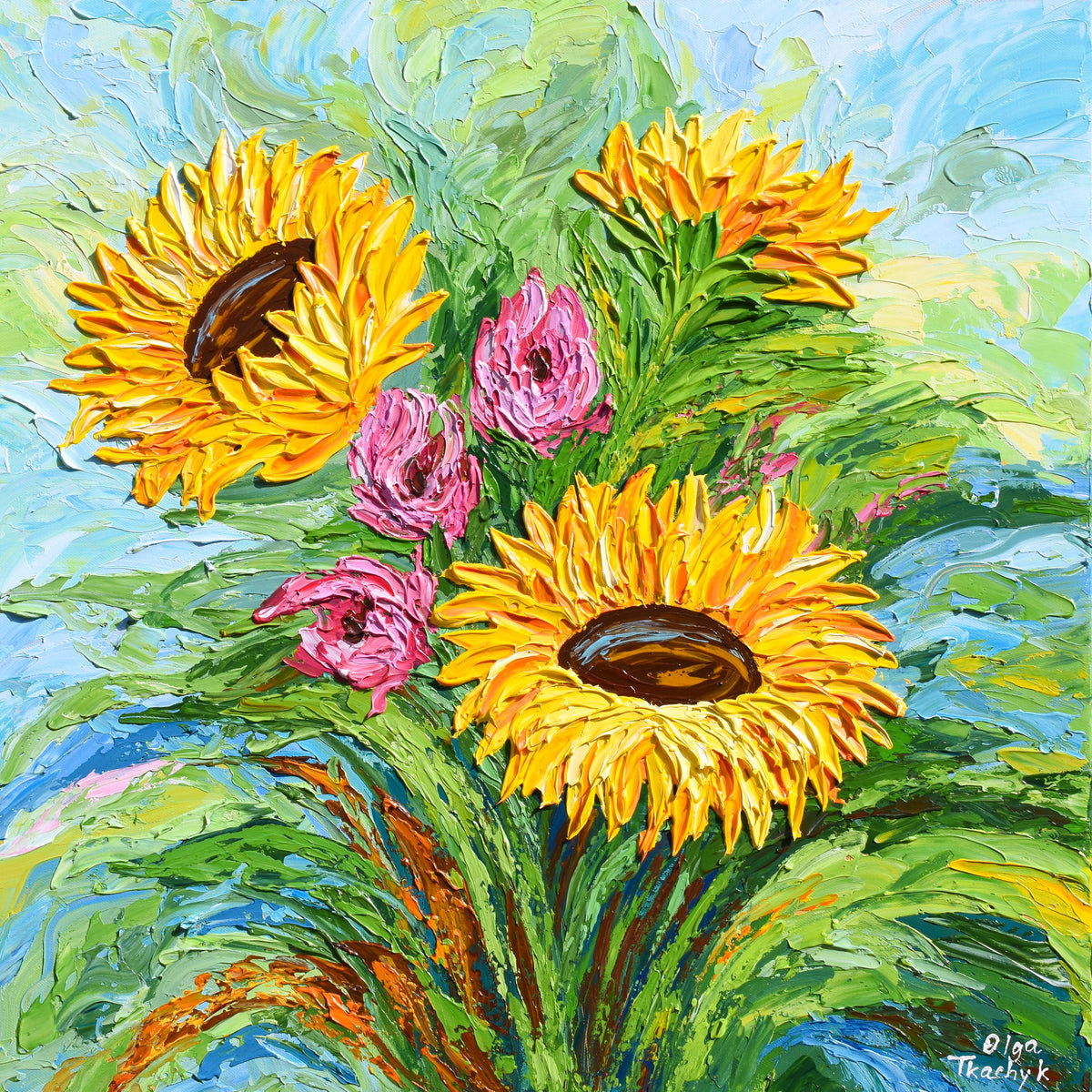 Sunflowers, Acrylics, Original Impasto Painting, Palette Knife Art