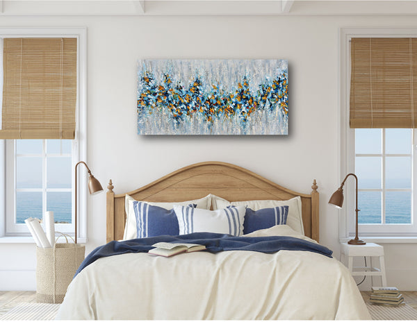 Dream Big, Abstract Blue Yellow Painting on Canvas, Acrylic, 24"x48"