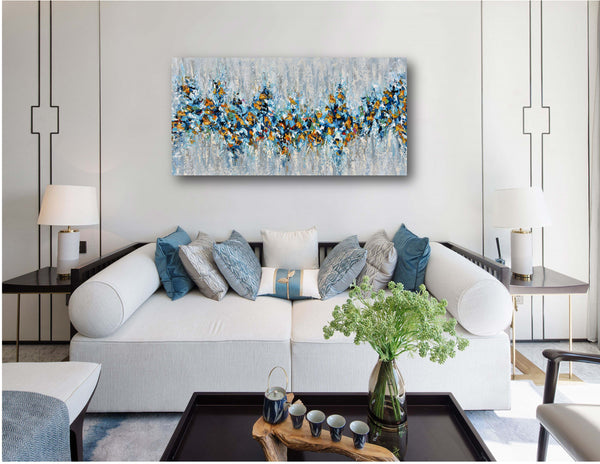 Dream Big, Abstract Blue Yellow Painting on Canvas, Acrylic, 24"x48"