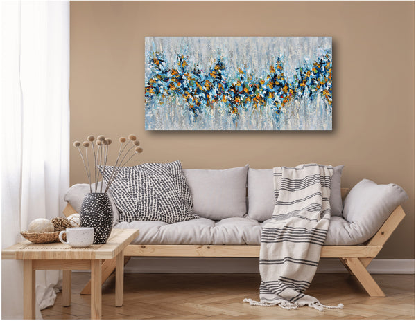 Dream Big, Abstract Blue Yellow Painting on Canvas, Acrylic, 24"x48"