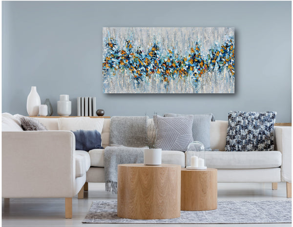 Dream Big, Abstract Blue Yellow Painting on Canvas, Acrylic, 24"x48"