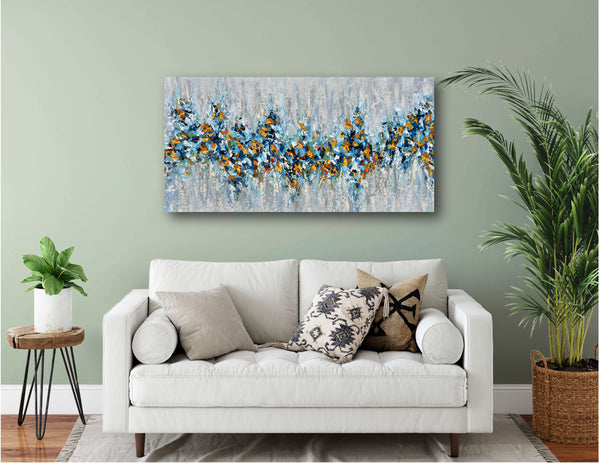Dream Big, Abstract Blue Yellow Painting on Canvas, Acrylic, 24"x48"