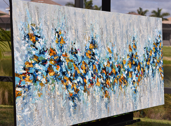 Dream Big, Abstract Blue Yellow Painting on Canvas, Acrylic, 24"x48"
