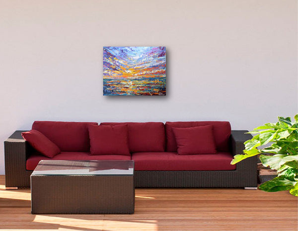 Lavender Sky, Palette Knife Sunset Painting, Acrylic, 16"x20"