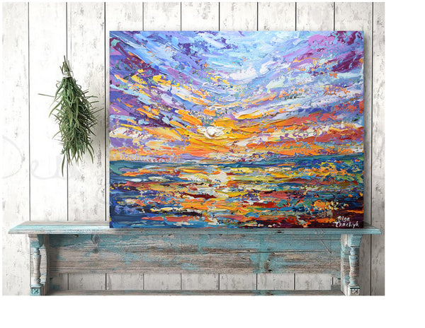 Lavender Sky, Palette Knife Sunset Painting, Acrylic, 16"x20"