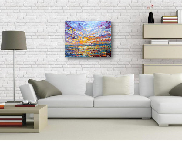 Lavender Sky, Palette Knife Sunset Painting, Acrylic, 16"x20"