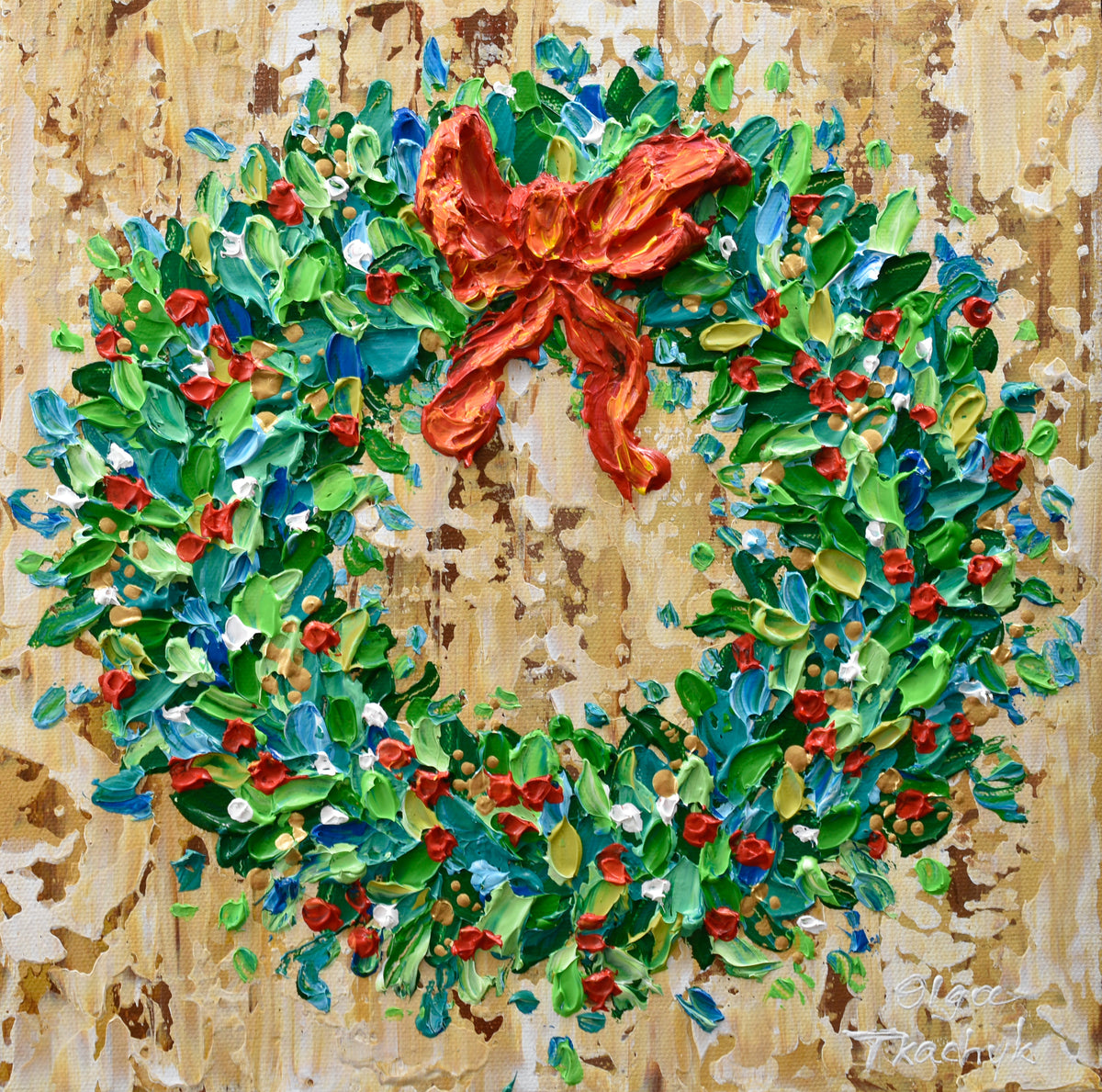 Christmas wreath 絵画原画 アクリル画テクスチャーアート Holiday Wreath, Textured Acrylic Painting on Canvas, 12