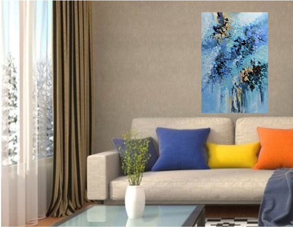 Blue Blossom, Original Abstract Acrylic Painting on Canvas, 24"x36"
