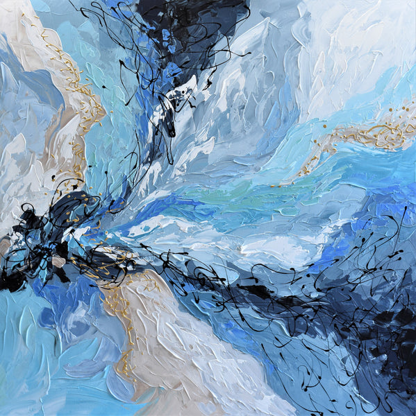 Blue & Gold Diptych, Extra Large Abstract Painting on Canvas, 36"x72"