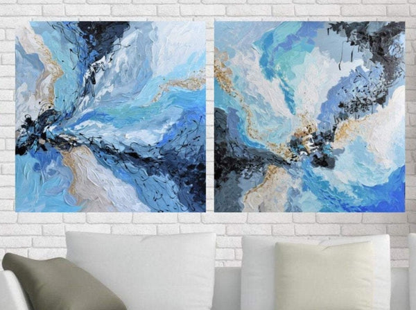 Blue & Gold Diptych, Extra Large Abstract Painting on Canvas, 36"x72"