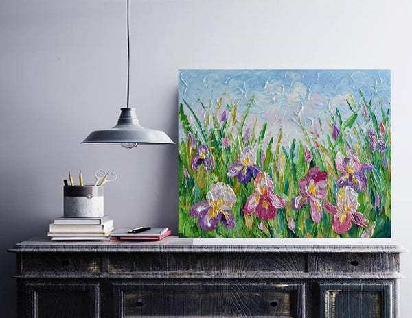 Iris Flowers, Original Impasto Floral Painting, Acrylic, 16"x20"