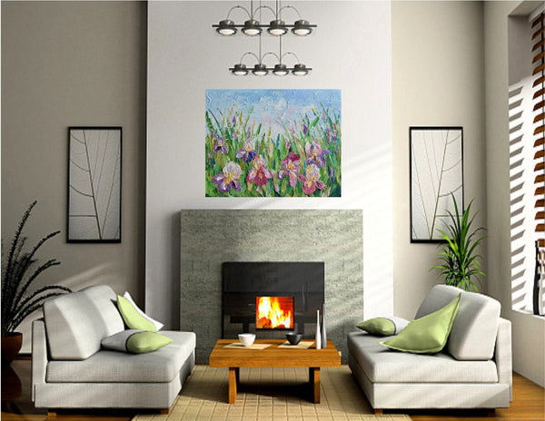 Iris Flowers, Original Impasto Floral Painting, Acrylic, 16"x20"