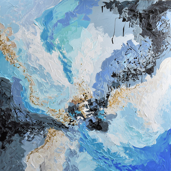 Blue & Gold Diptych, Extra Large Abstract Painting on Canvas, 36"x72"