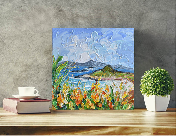 Cloudy Day At The Beach, Impressionist Seascape Painting, Acrylic, 12"x12"