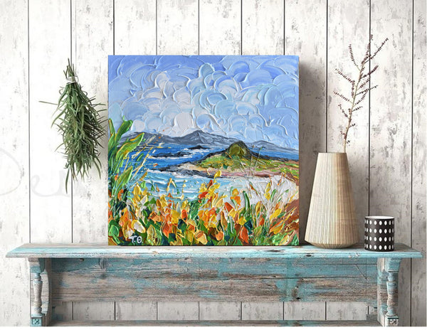 Cloudy Day At The Beach, Impressionist Seascape Painting, Acrylic, 12"x12"