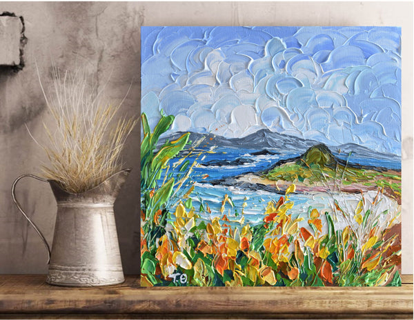 Cloudy Day At The Beach, Impressionist Seascape Painting, Acrylic, 12"x12"