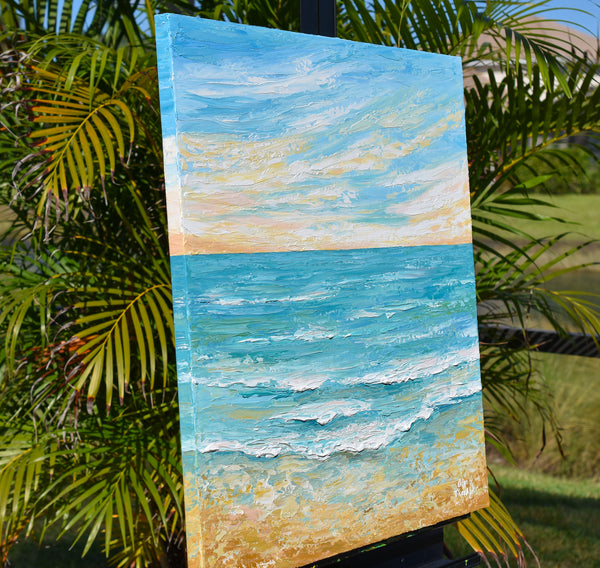 Serene Sunrise, Palette Knife Ocean Painting, Acrylic, 24"x24"