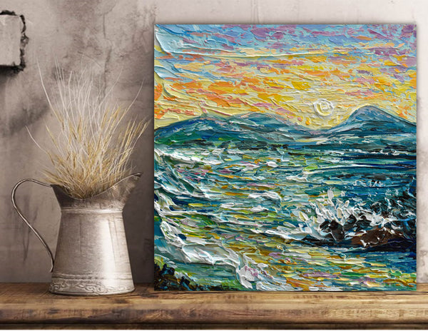 Ocean Sunrise, Palette Knife Painting, Acrylic, 12"x12"