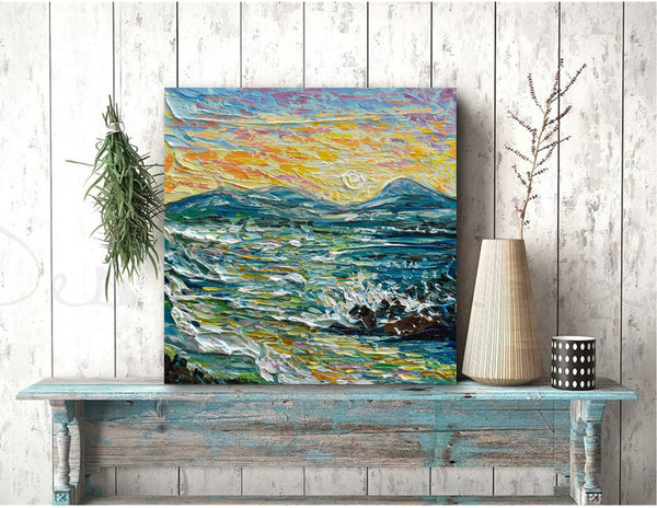 Ocean Sunrise, Palette Knife Painting, Acrylic, 12"x12"