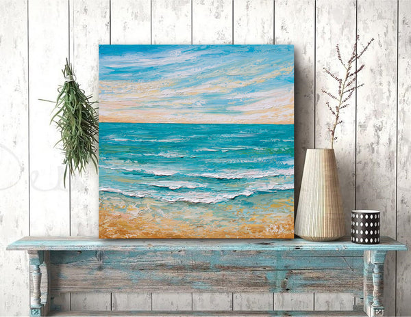 Serene Sunrise, Palette Knife Ocean Painting, Acrylic, 24"x24"