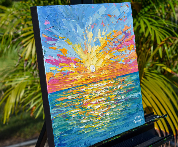 Sunset Over The Sea, Abstract Ocean Painting, Acrylic, 12"x12"