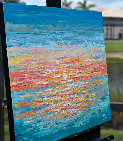 Relaxing Sunset, Palette Knife Ocean Painting, Acrylic, 16"x20"