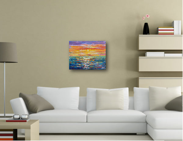 Sunset, Colorful Abstract Acrylic Painting on Canvas,  11"x14"