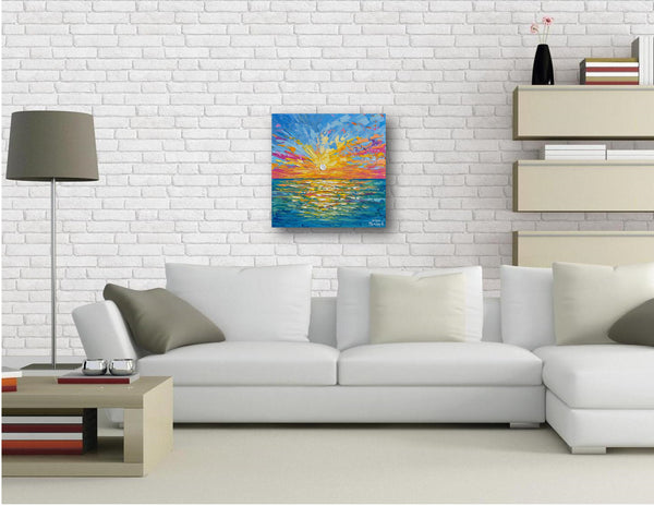 Sunset Over The Sea, Abstract Ocean Painting, Acrylic, 12"x12"