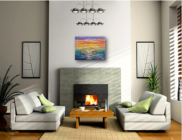 Sunset, Colorful Abstract Acrylic Painting on Canvas,  11"x14"