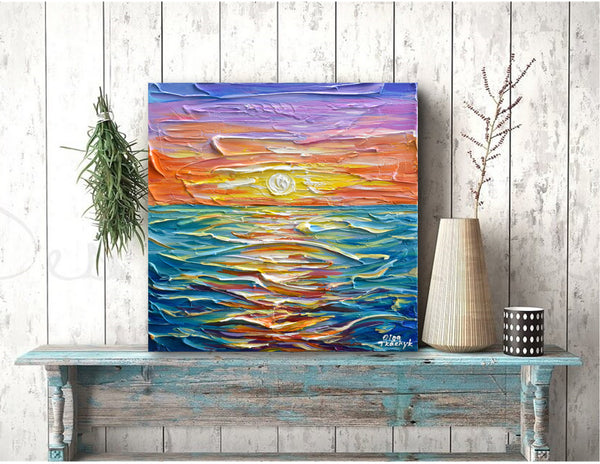 Bright Sunset, Impressionist Ocean Painting, Acrylic, 12"x12"