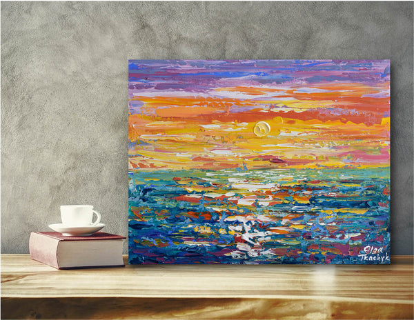 Sunset, Colorful Abstract Acrylic Painting on Canvas,  11"x14"