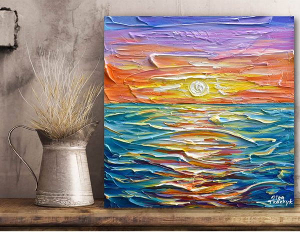 Bright Sunset, Impressionist Ocean Painting, Acrylic, 12"x12"