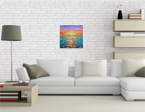 Bright Sunset, Impressionist Ocean Painting, Acrylic, 12"x12"