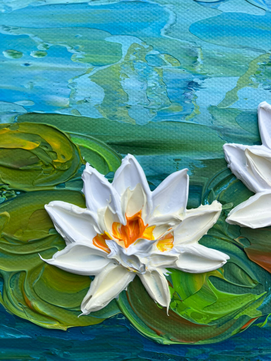 white water lily painting Ivory Water Lilies, Original Impasto Floral Painting, Acrylic, 8"x8" – Olga Tkachyk Art
