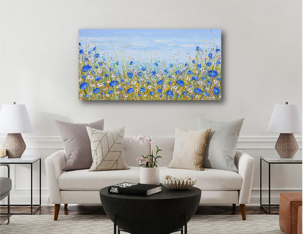 Blue and White Wildflowers, Acrylics on Canvas, 24"x48"