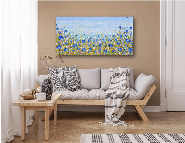 Blue and White Wildflowers, Acrylics on Canvas, 24"x48"