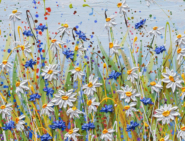 Cornflower Daisy Field, 24"x48", Acrylics on Canvas