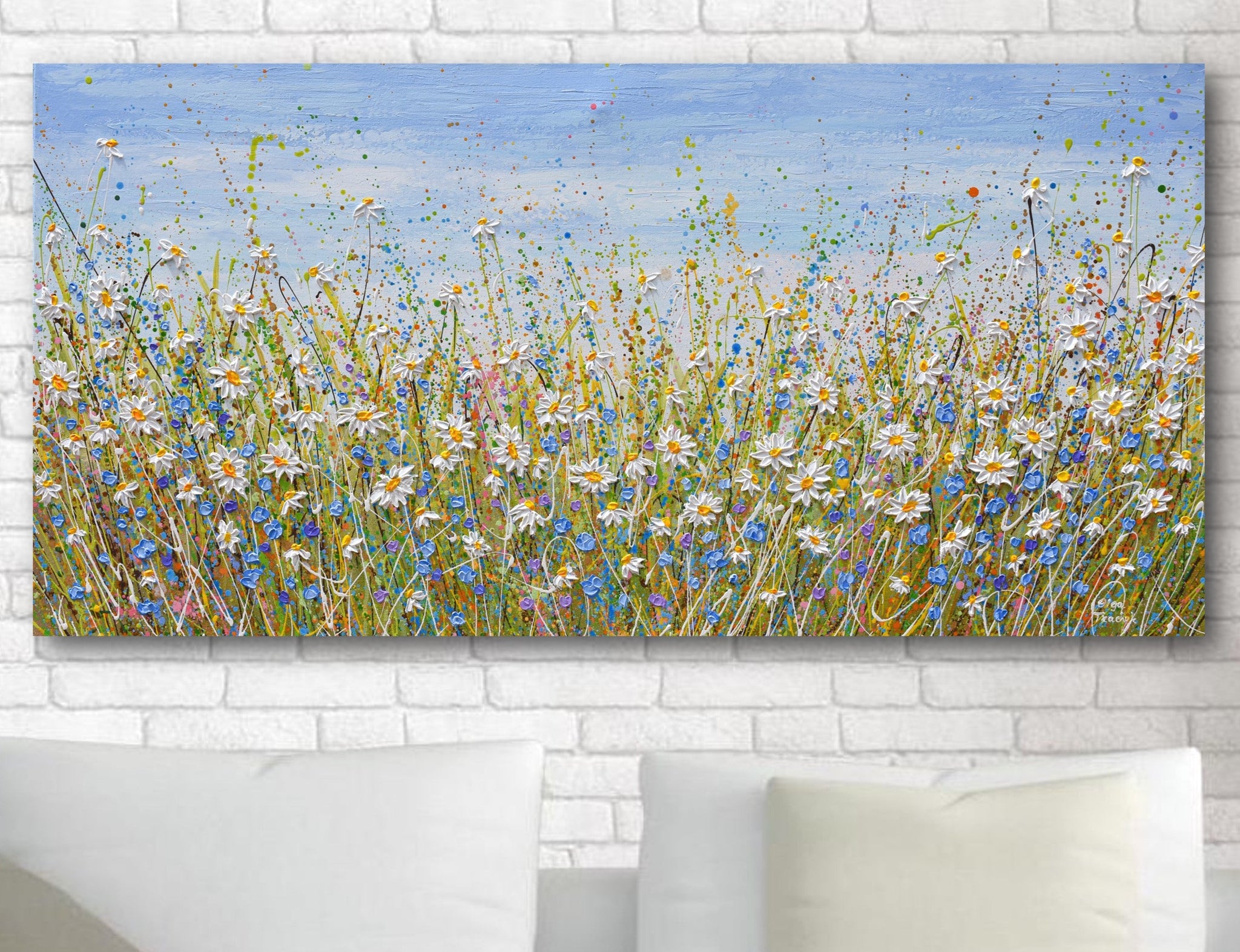Daisies Field, Painting, textured flowers, impasto painting, wildflower meadow, large artwork,  