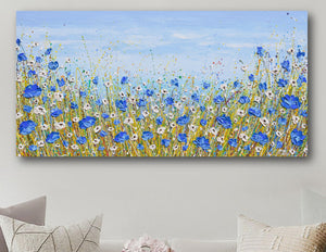 Blue and White Wildflowers, Acrylics on Canvas, 24"x48"