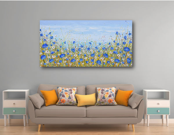 Blue and White Wildflowers, Acrylics on Canvas, 24"x48"