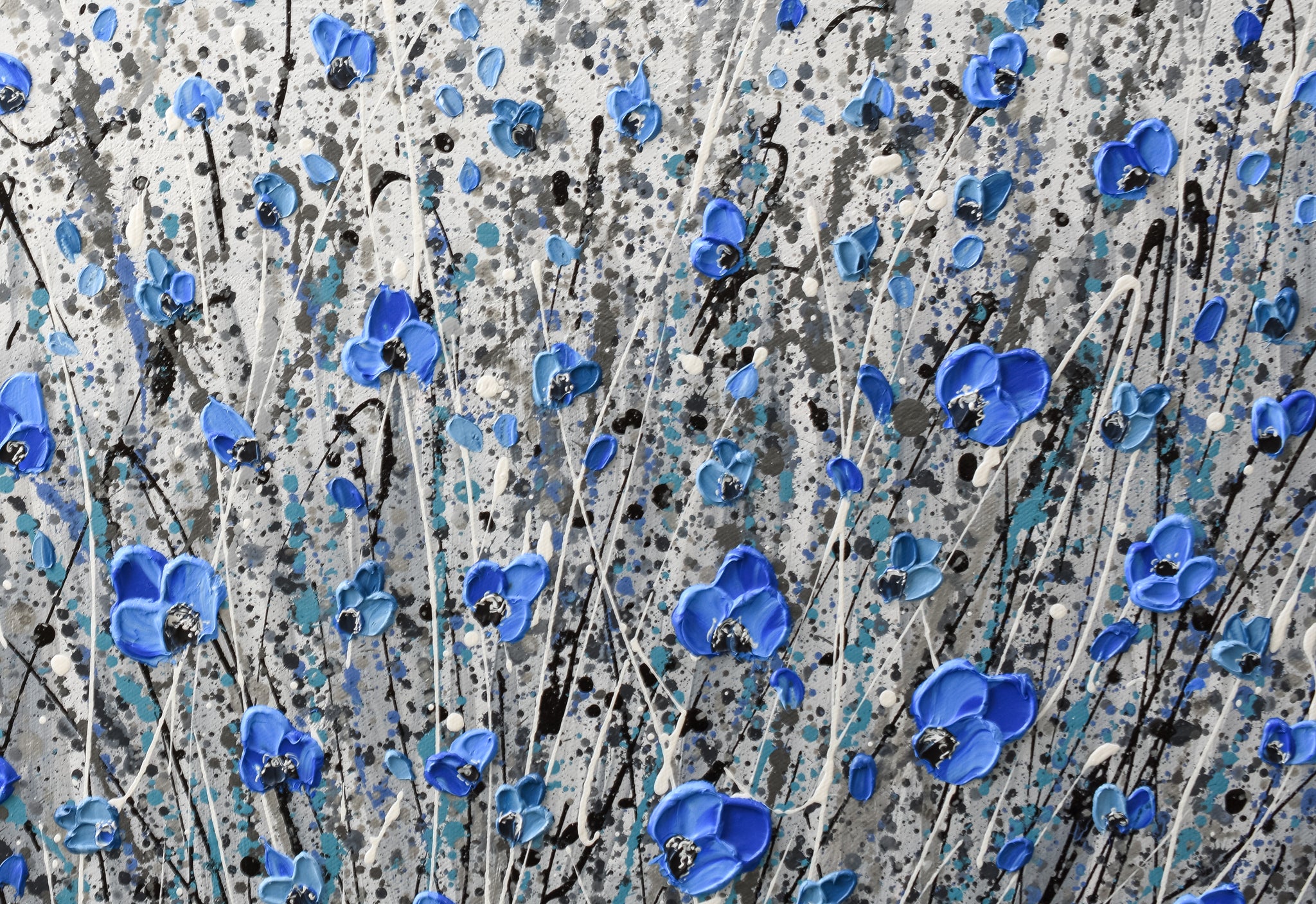Blue Flowers on Gray Painting, Abstract Floral Artwork, Textured