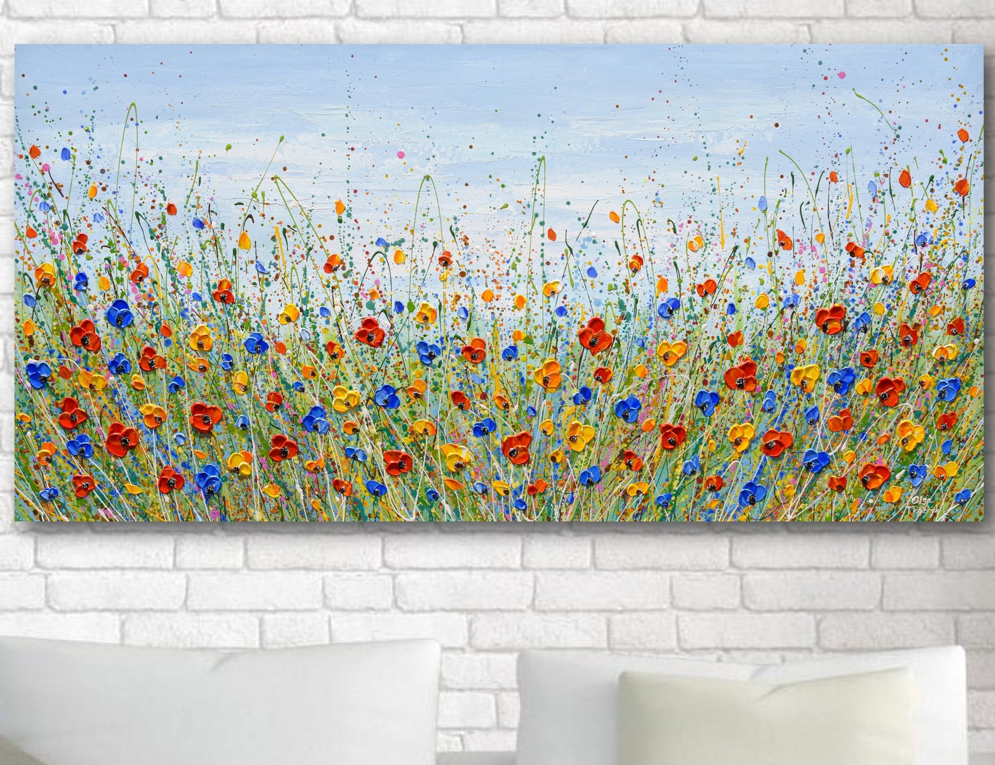 Colorful Flower Field Painting, Wildflowers large Artwork, Horizontal Wall art canvas