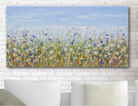 Cornflower Daisy Field, 24"x48", Acrylics on Canvas
