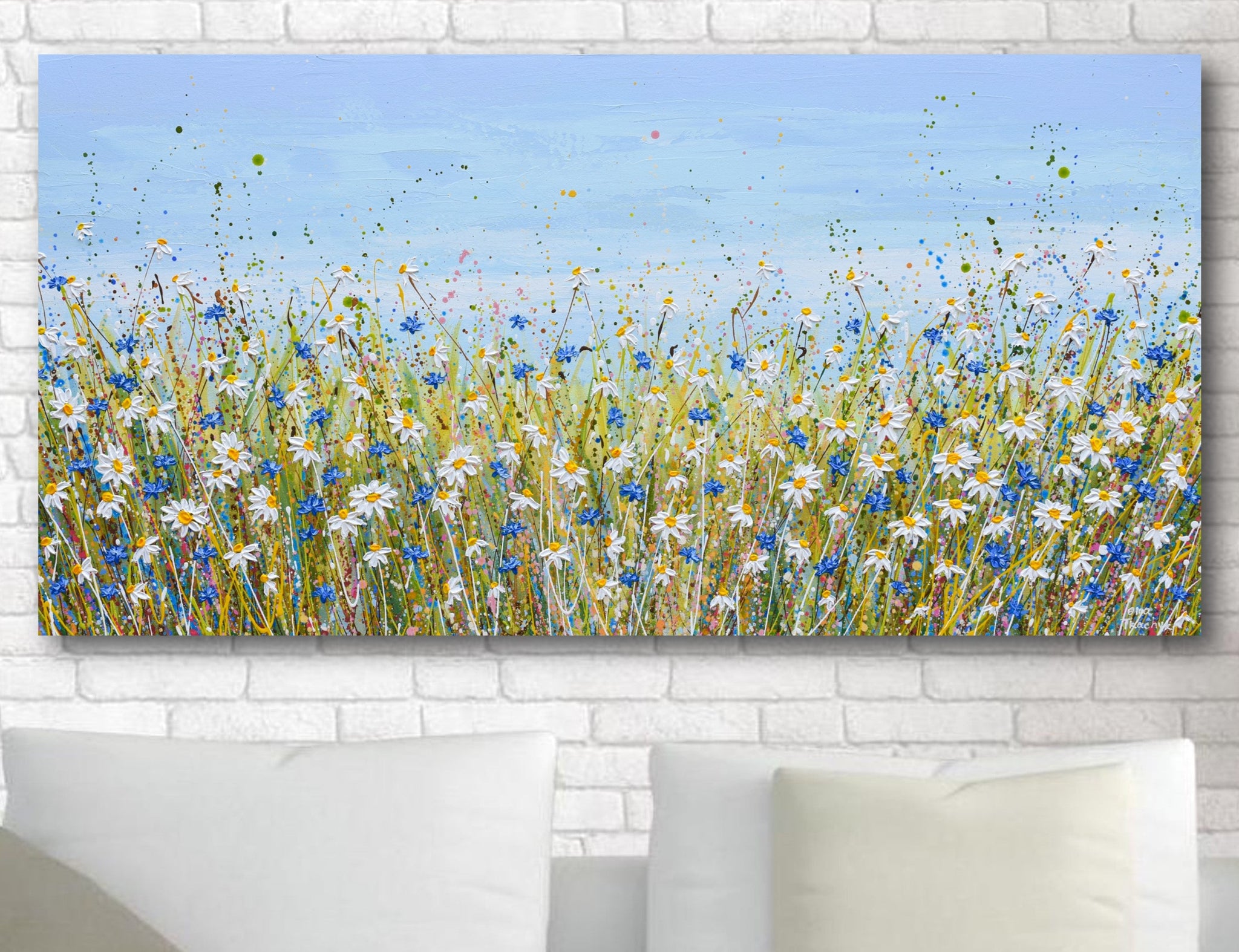 White daisy and blue cornflower field painting on canvas. Textured wildflower meadow artwork created with palette knife and acrylics. Bright and happy summer floral landscape wall art hand painted by Olga Tkachyk 