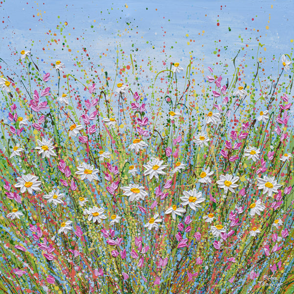 Daisy field Painting, Impasto Palette knife Art, Pink White flowers, wildflower meadow