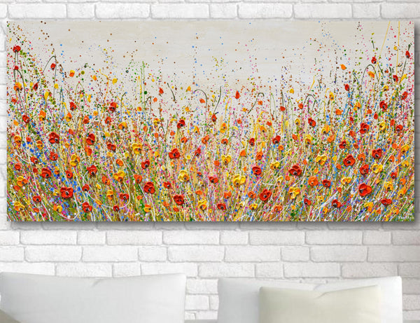 Summer Wildflower Meadow Impasto Painting, Large Wall Art Canvas, Poppies